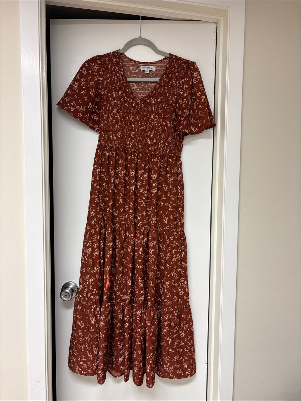 Smocked V-Neck Tiered Maxi Dress - Rust Floral